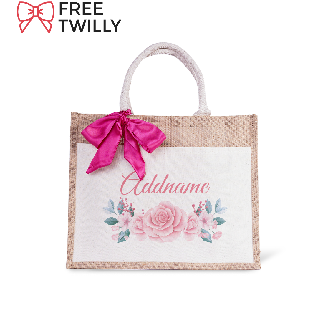 Pink Rose Jute Bag with Front Pocket