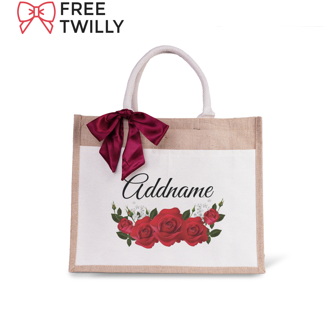 Red Rose Jute Bag with Front Pocket