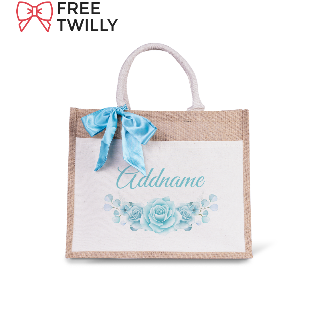 Turquoise Rose Jute Bag with Front Pocket