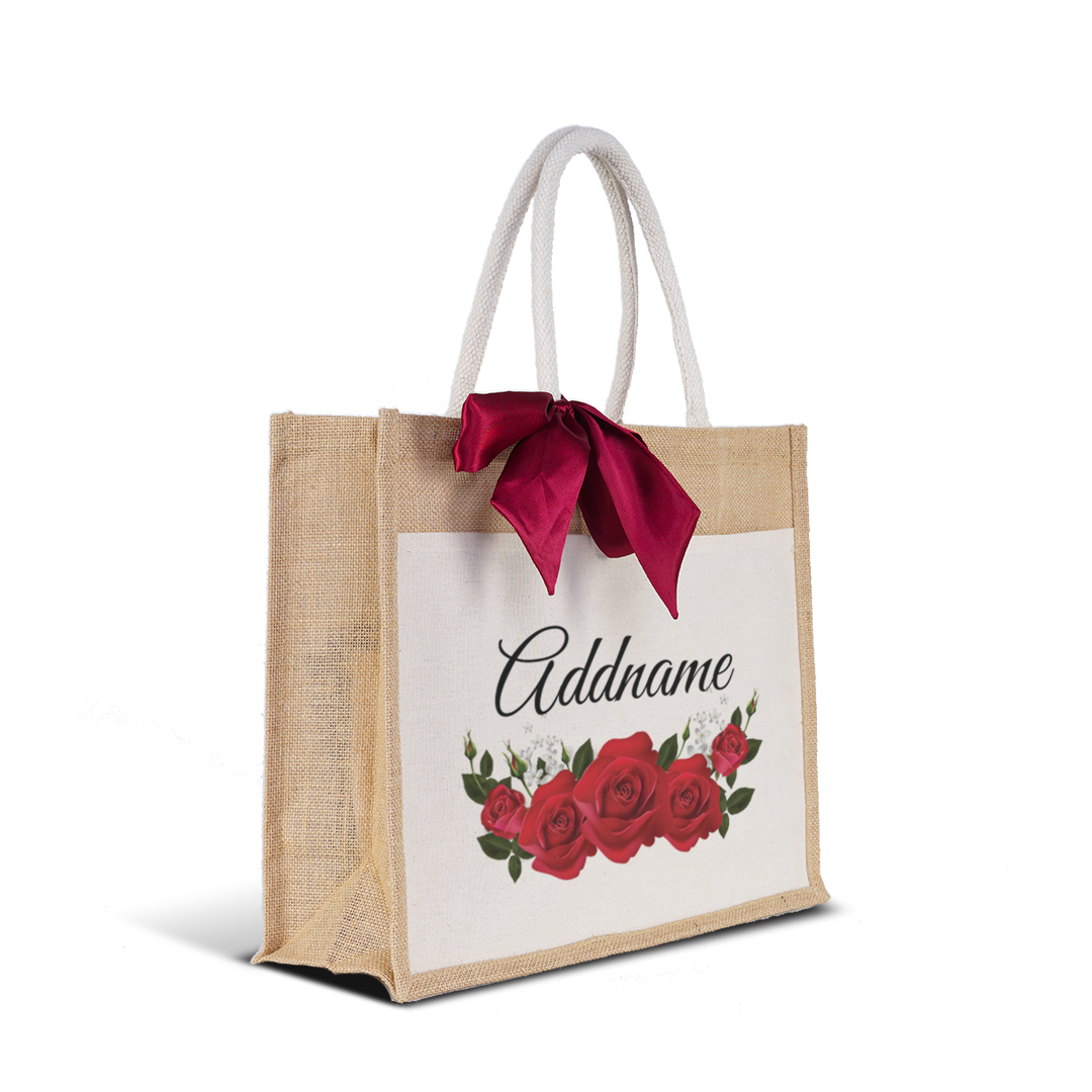 Red Rose Jute Bag with Front Pocket