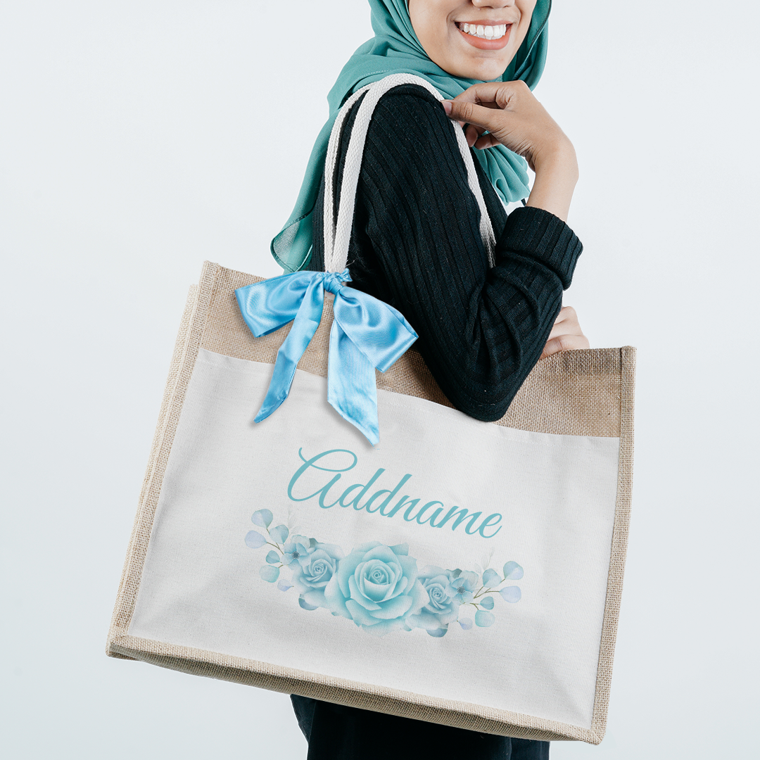 Turquoise Rose Jute Bag with Front Pocket
