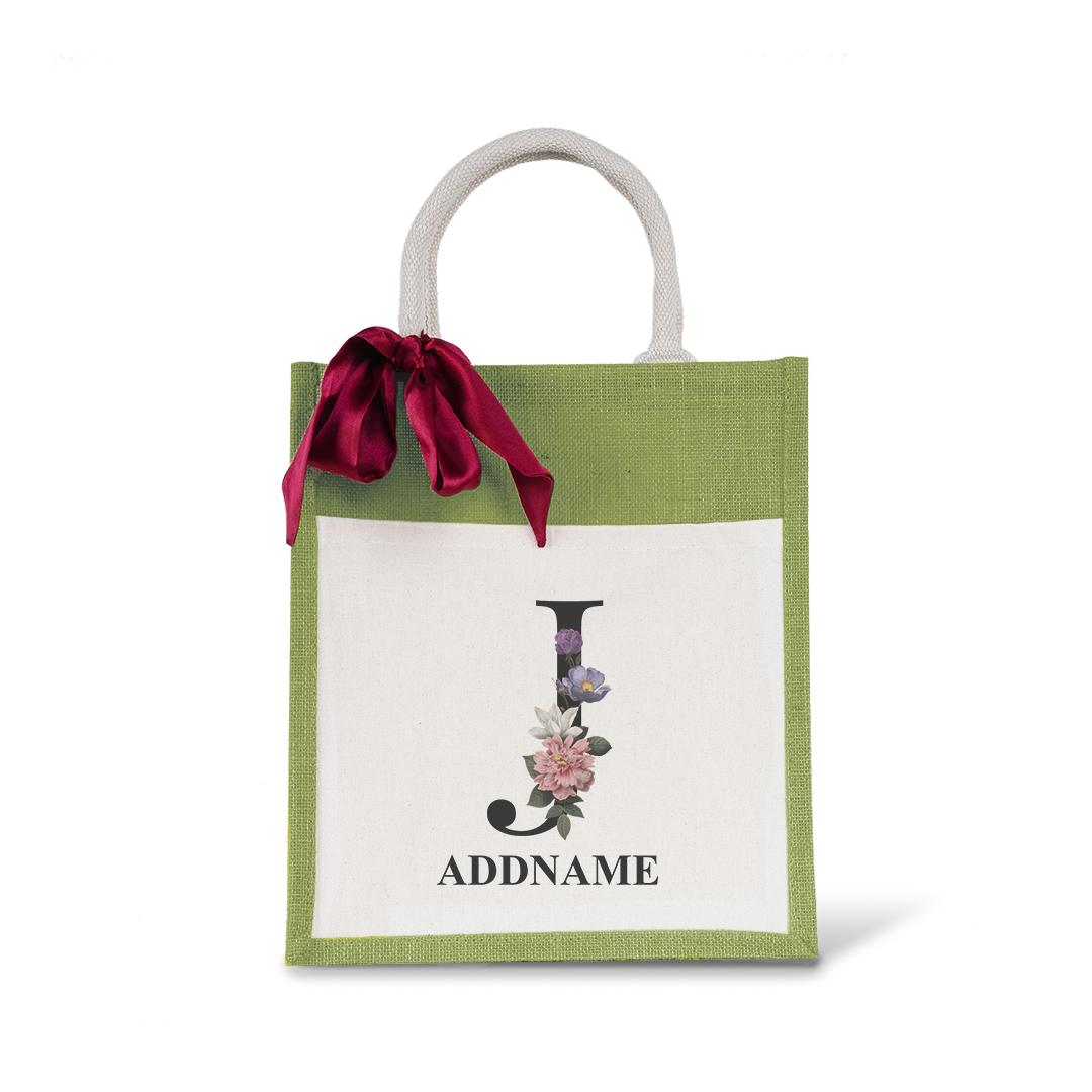 Myra Floral Series Olive Green Colourful Jute Bag With Front Pocket