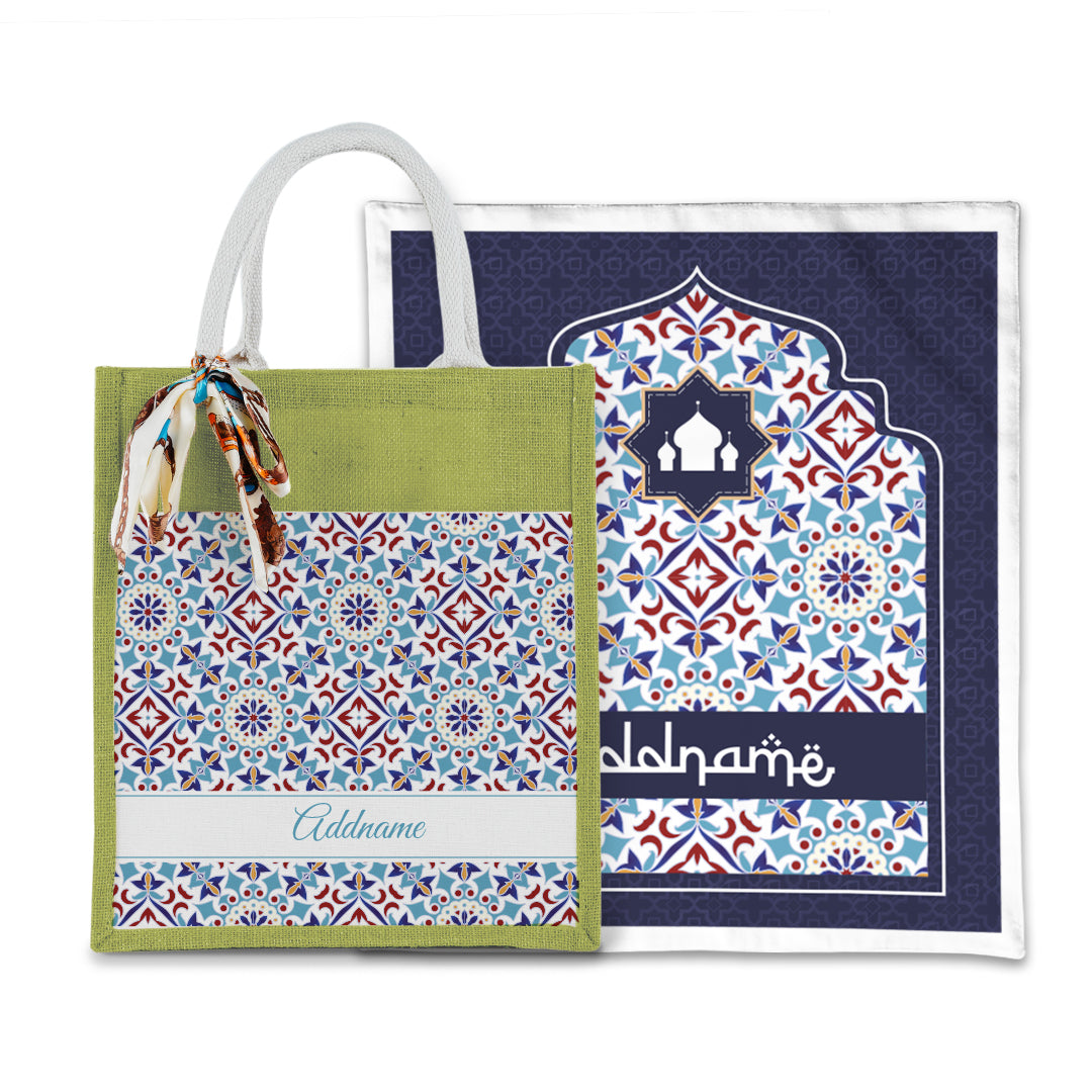 Arabesque Agean Blue Sejadah with Matching Colourful Jute Bag