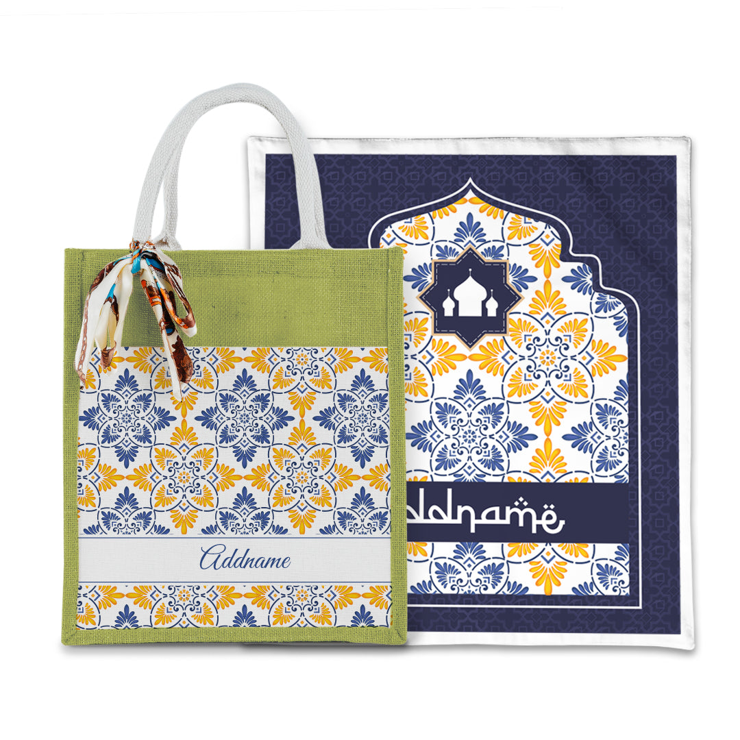 Arabesque Butter Blue Sejadah with Matching Colourful Jute Bag