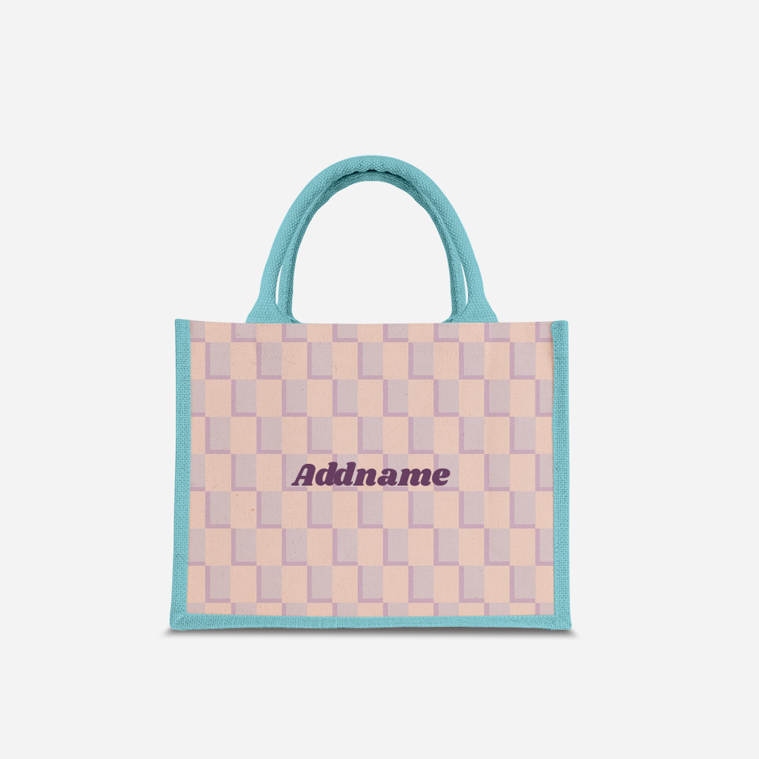 Checkered Series Half Lining Small Jute Bag - Purple Light Blue