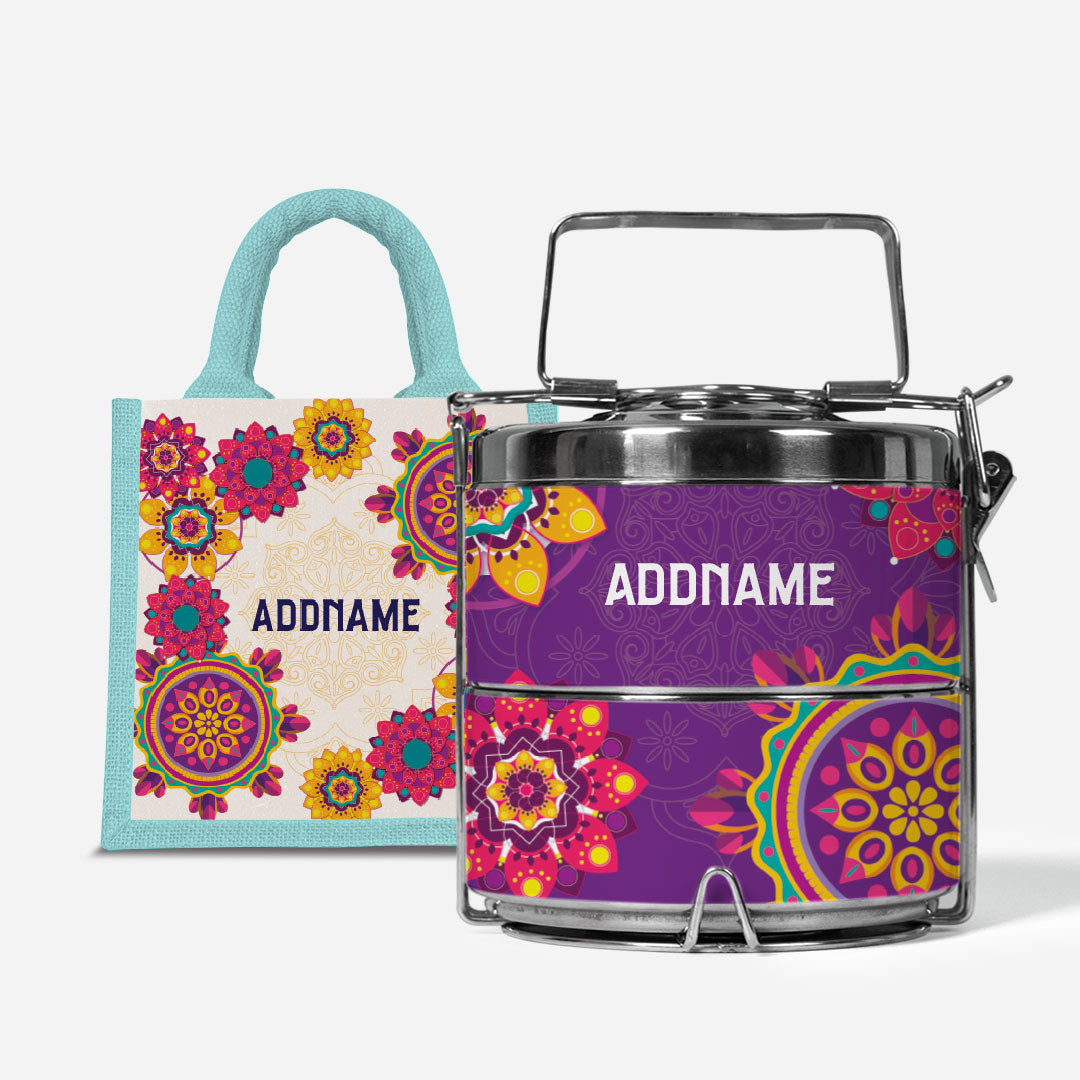 Pookal Series Premium Two Tier Tiffin with Half Lining Lunch Bag - Puukom Light Blue