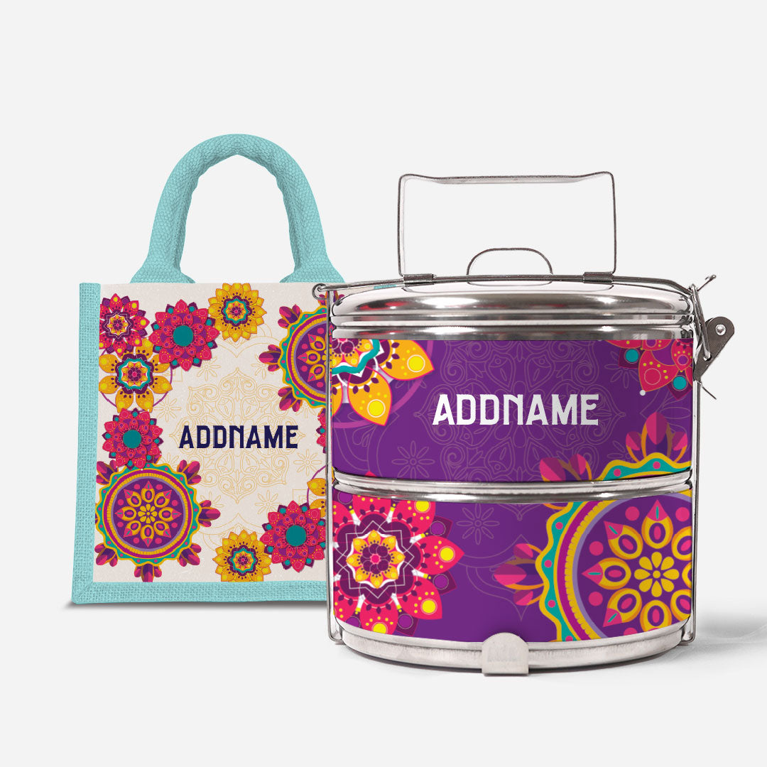 Pookal Series Standard Two Tier Tiffin with Half Lining Lunch Bag - Puukom Light Blue