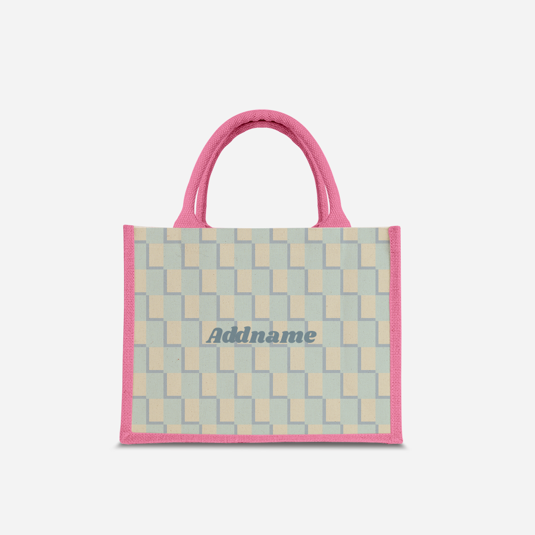 Checkered Series Half Lining Small Jute Bag - Blue Light Pink