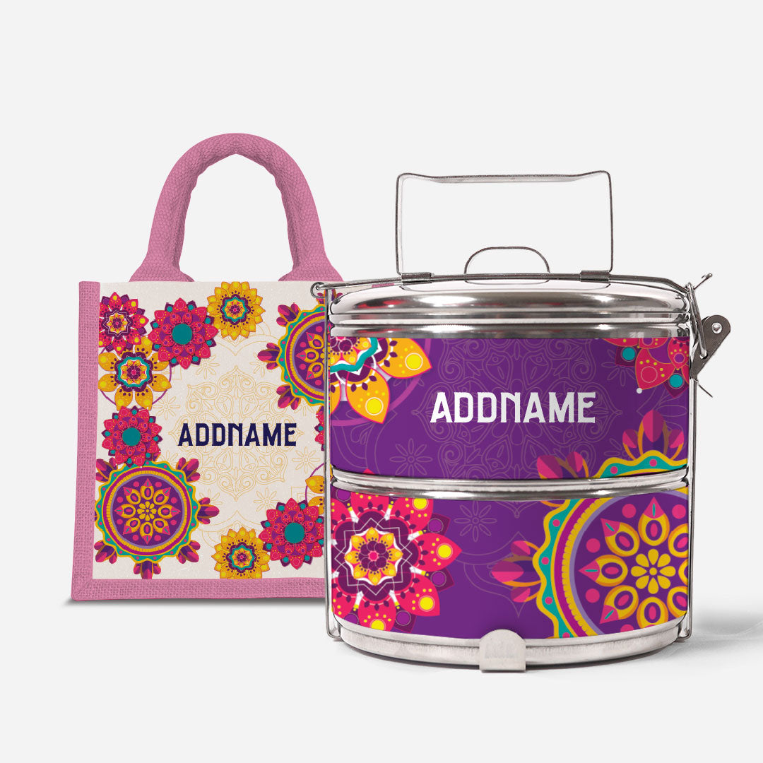 Pookal Series Standard Two Tier Tiffin with Half Lining Lunch Bag - Puukom Light Pink