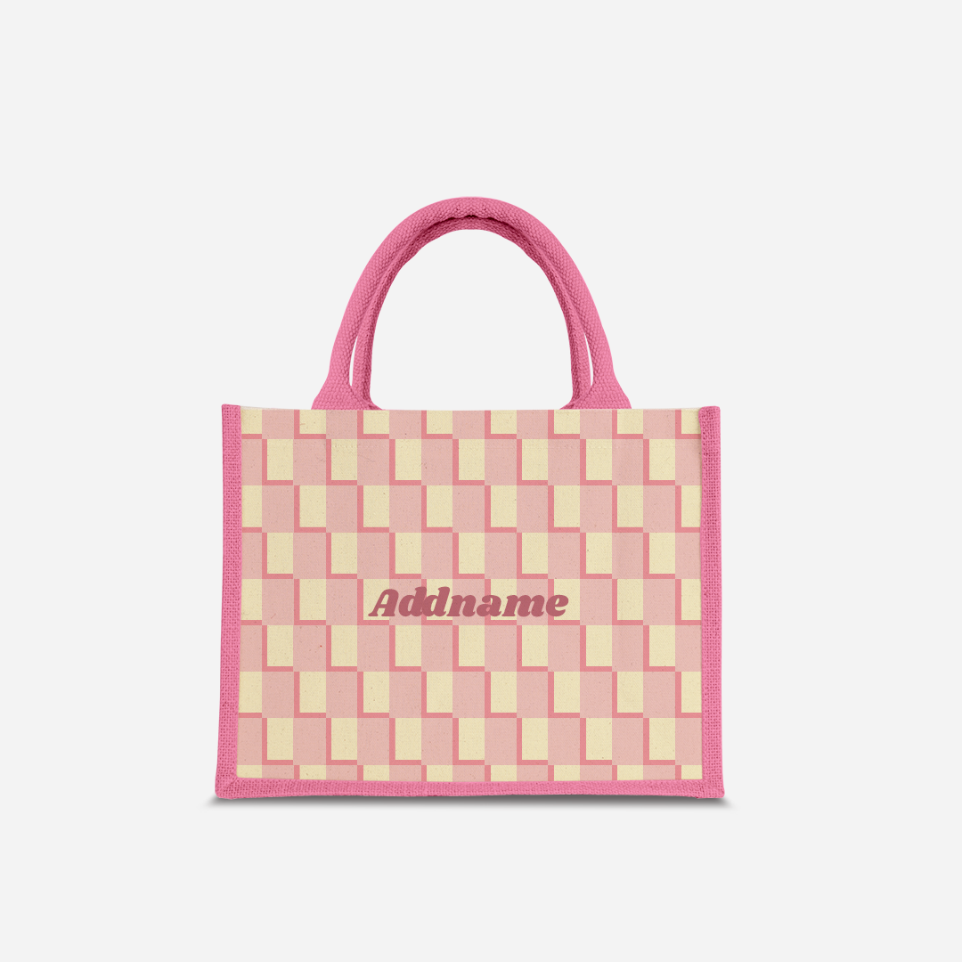 Checkered Series Half Lining Small Jute Bag - Pink Light Pink