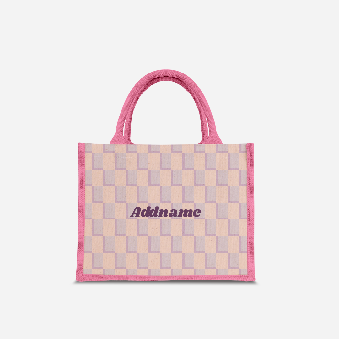 Checkered Series Half Lining Small Jute Bag - Purple Light Pink