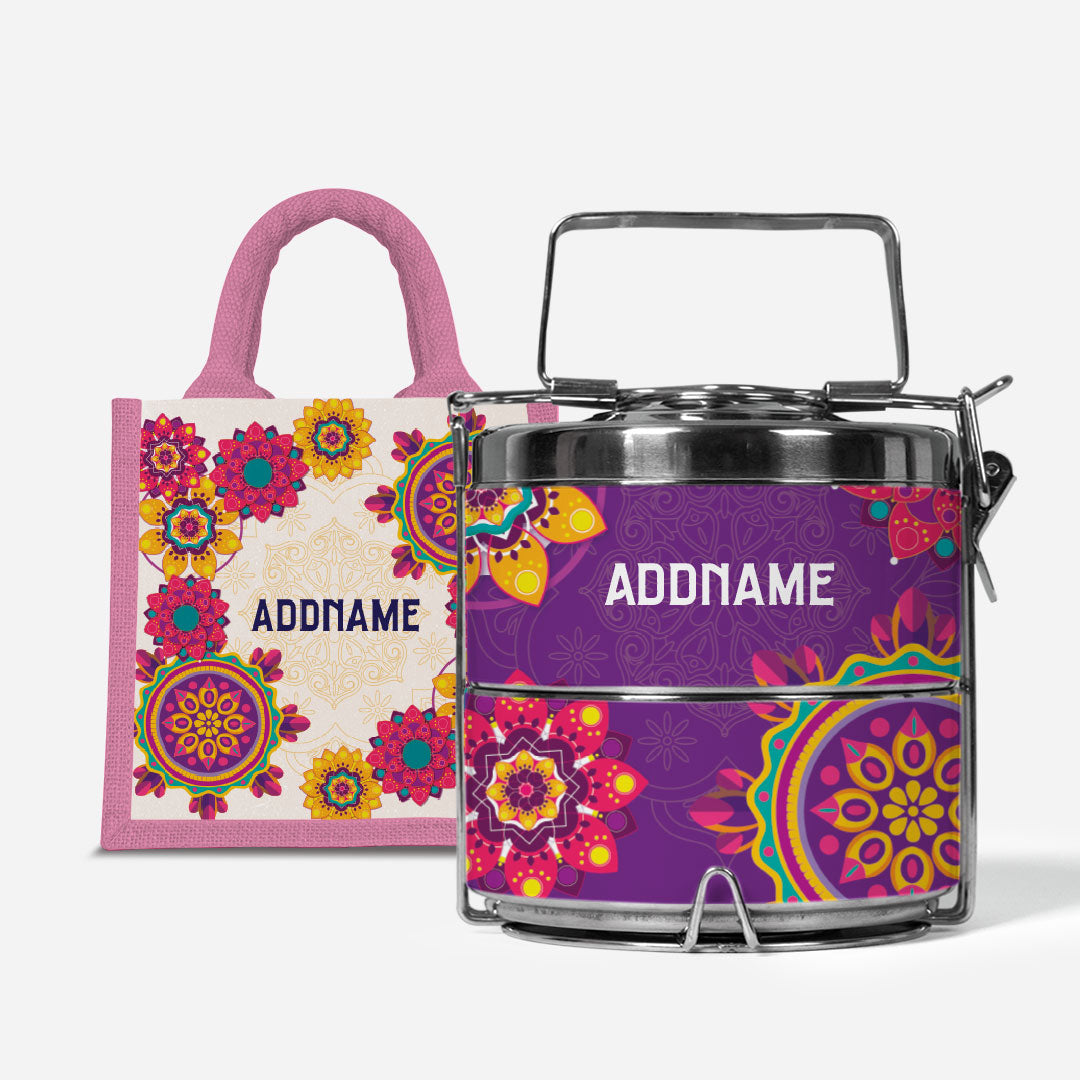 Pookal Series Premium Two Tier Tiffin with Half Lining Lunch Bag - Puukom Light Pink