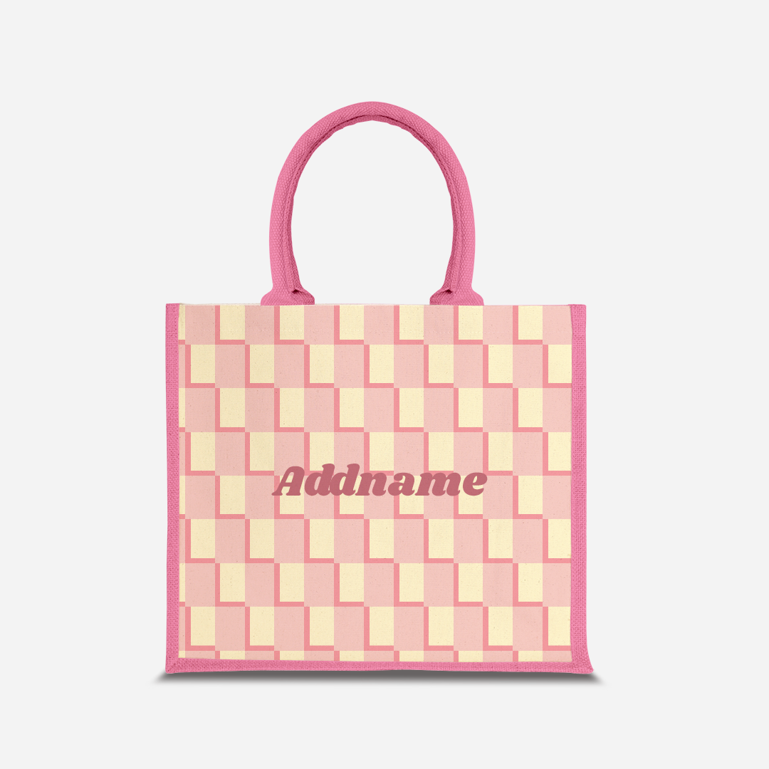 Checkered Series Half Lining Jute Bag - Pink Light Pink