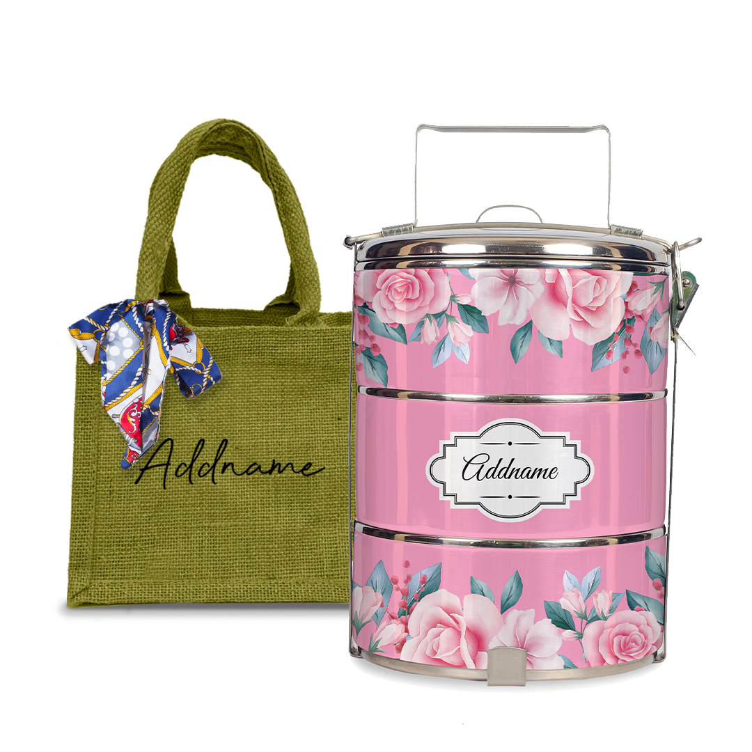 Full Pink Rose Tiffin Carrier