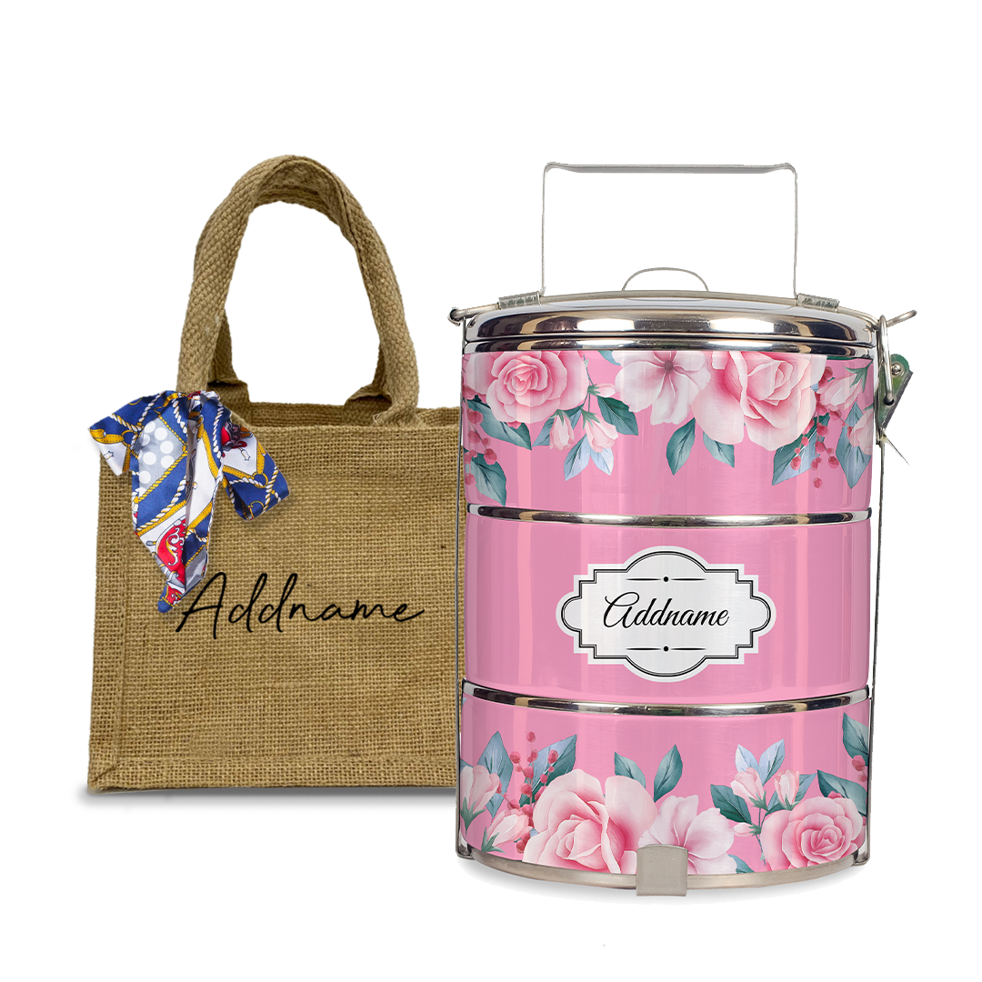 Full Pink Rose Tiffin Carrier