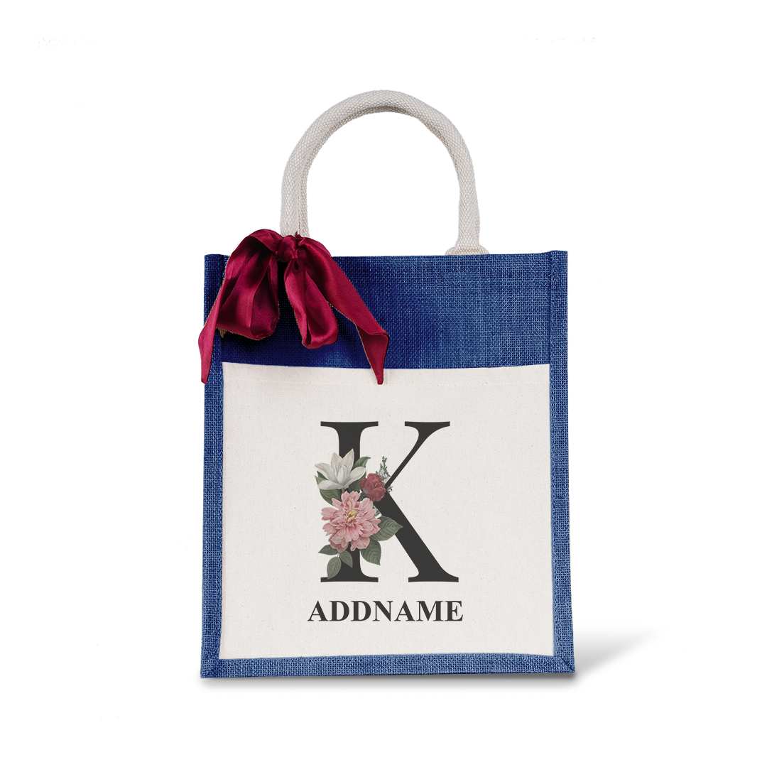 Myra Floral Series Navy Colourful Jute Bag With Front Pocket