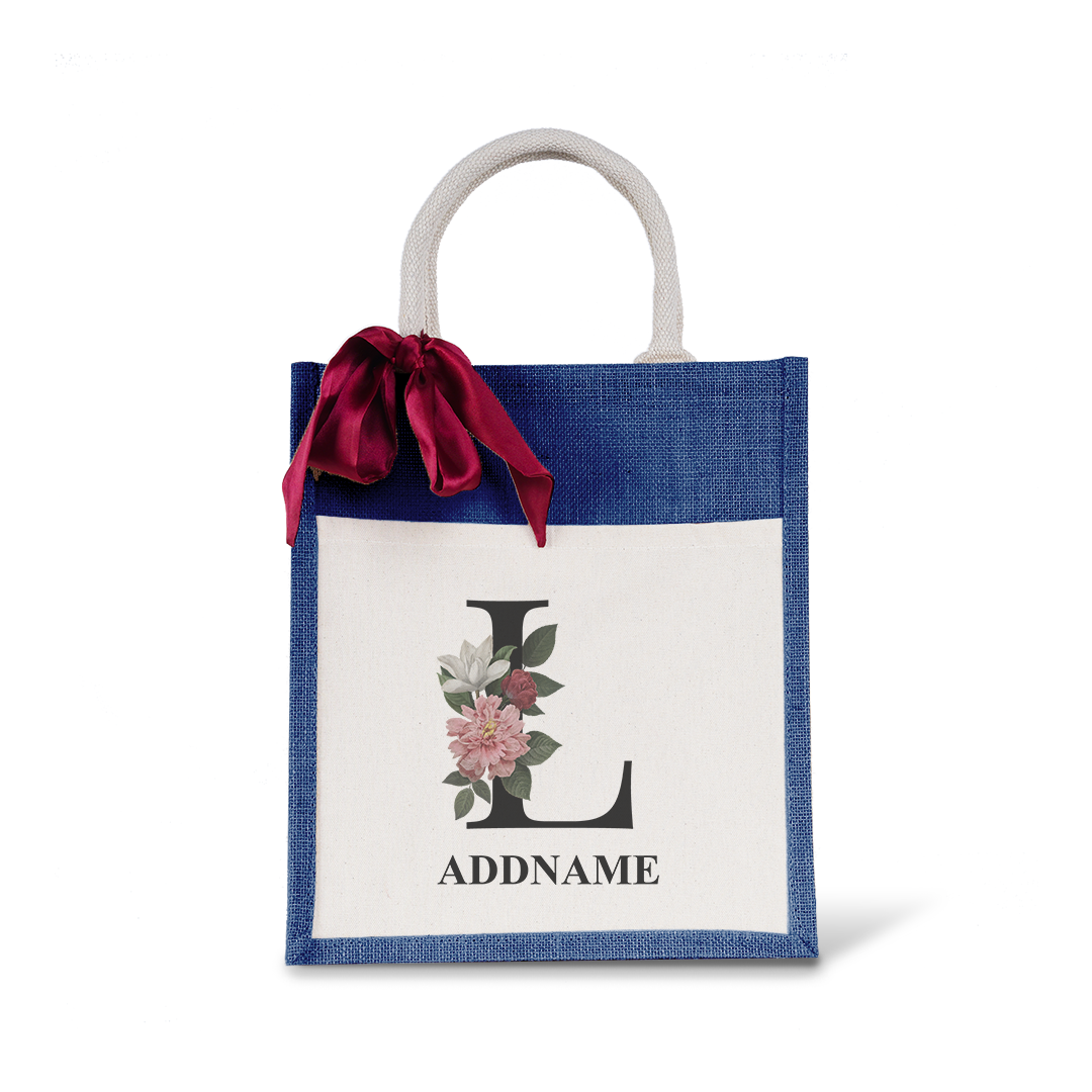 Myra Floral Series Navy Colourful Jute Bag With Front Pocket