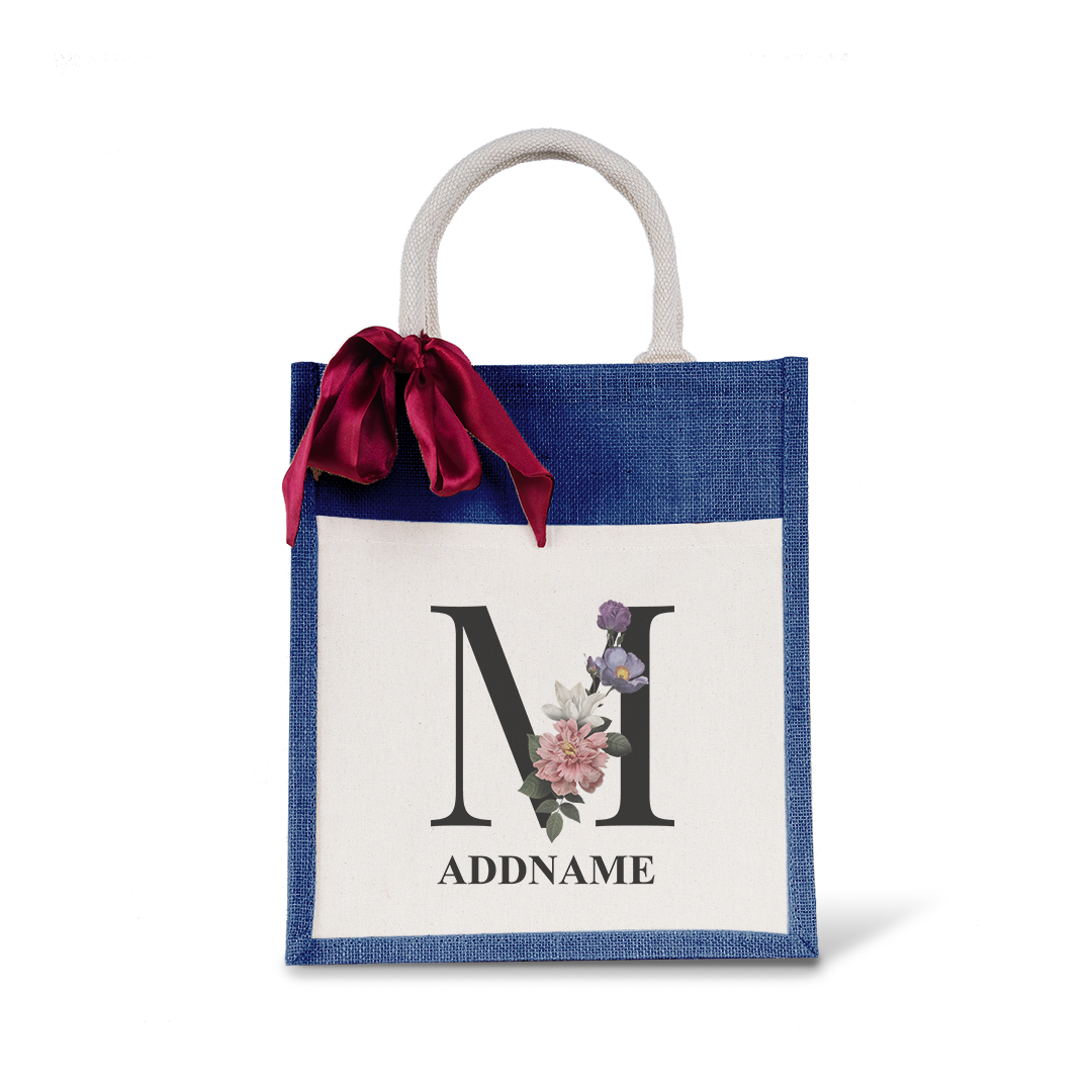 Myra Floral Series Navy Colourful Jute Bag With Front Pocket