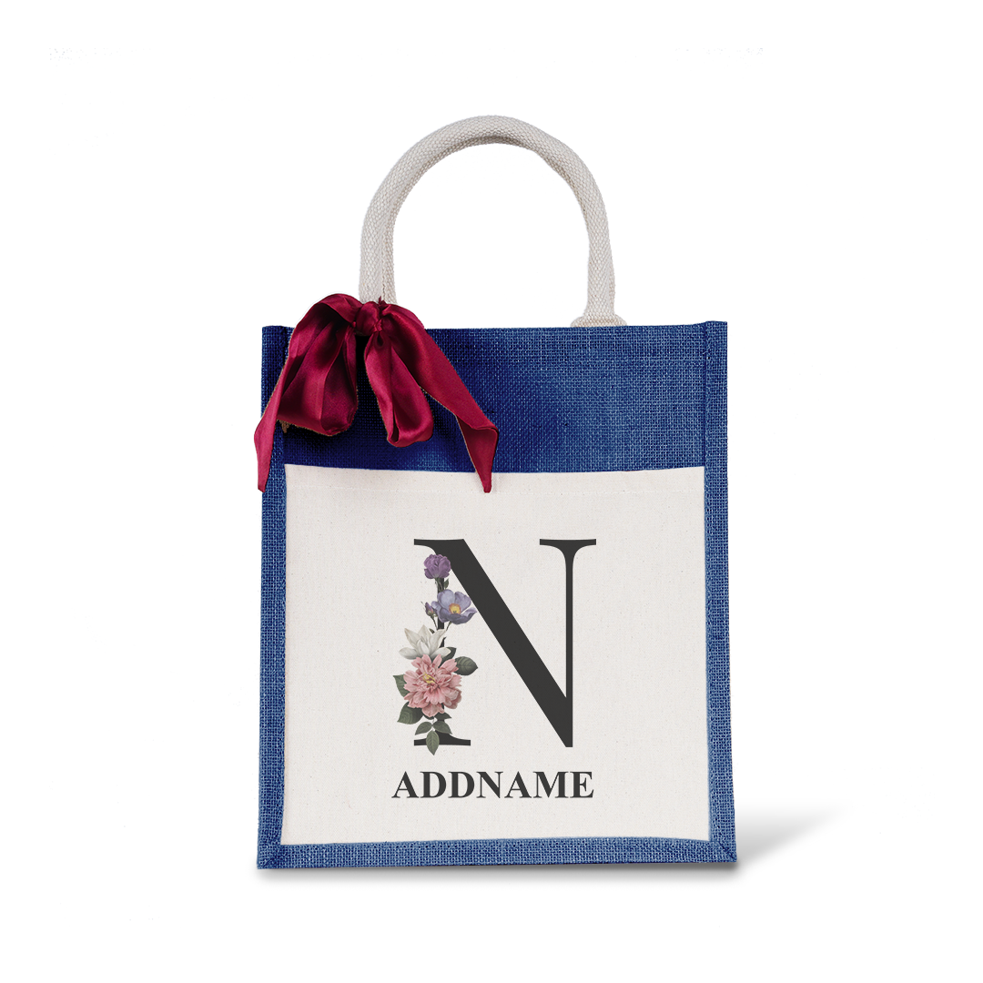 Myra Floral Series Navy Colourful Jute Bag With Front Pocket