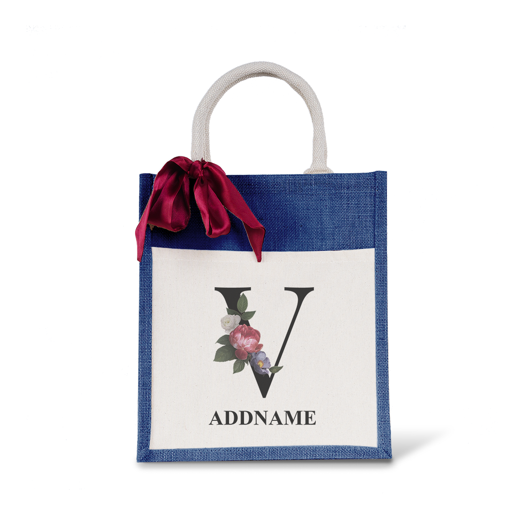 Myra Floral Series Navy Colourful Jute Bag With Front Pocket