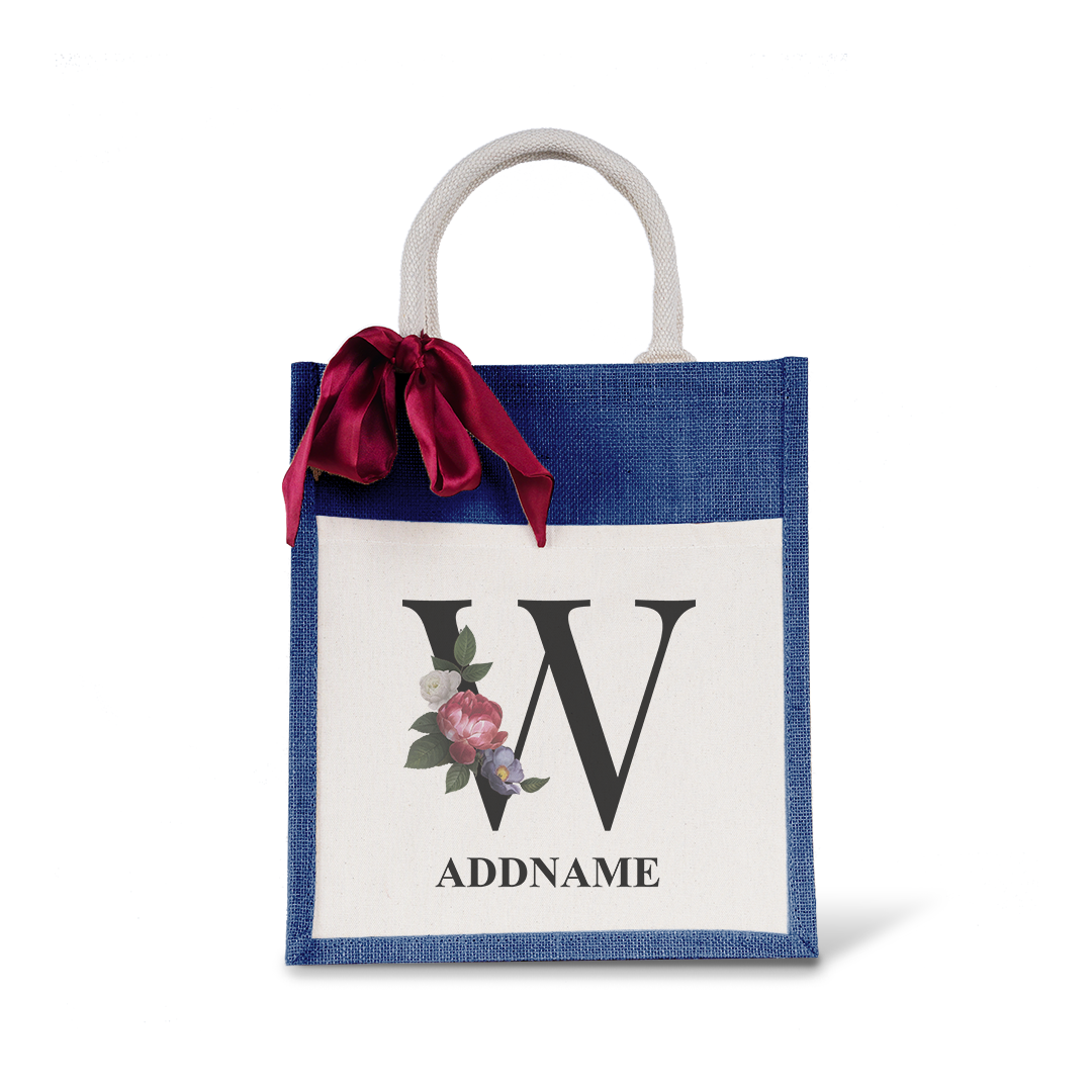 Myra Floral Series Navy Colourful Jute Bag With Front Pocket