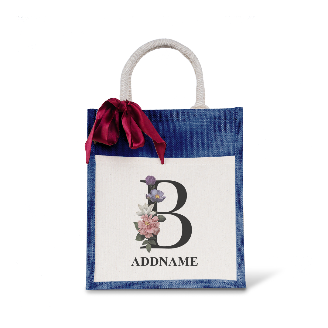 Myra Floral Series Navy Colourful Jute Bag With Front Pocket