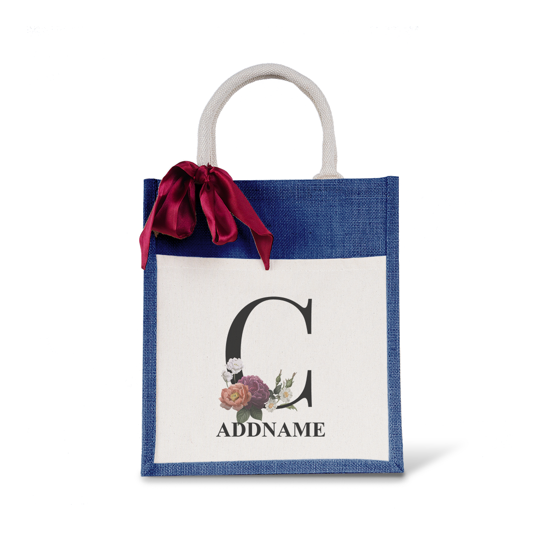 Myra Floral Series Navy Colourful Jute Bag With Front Pocket