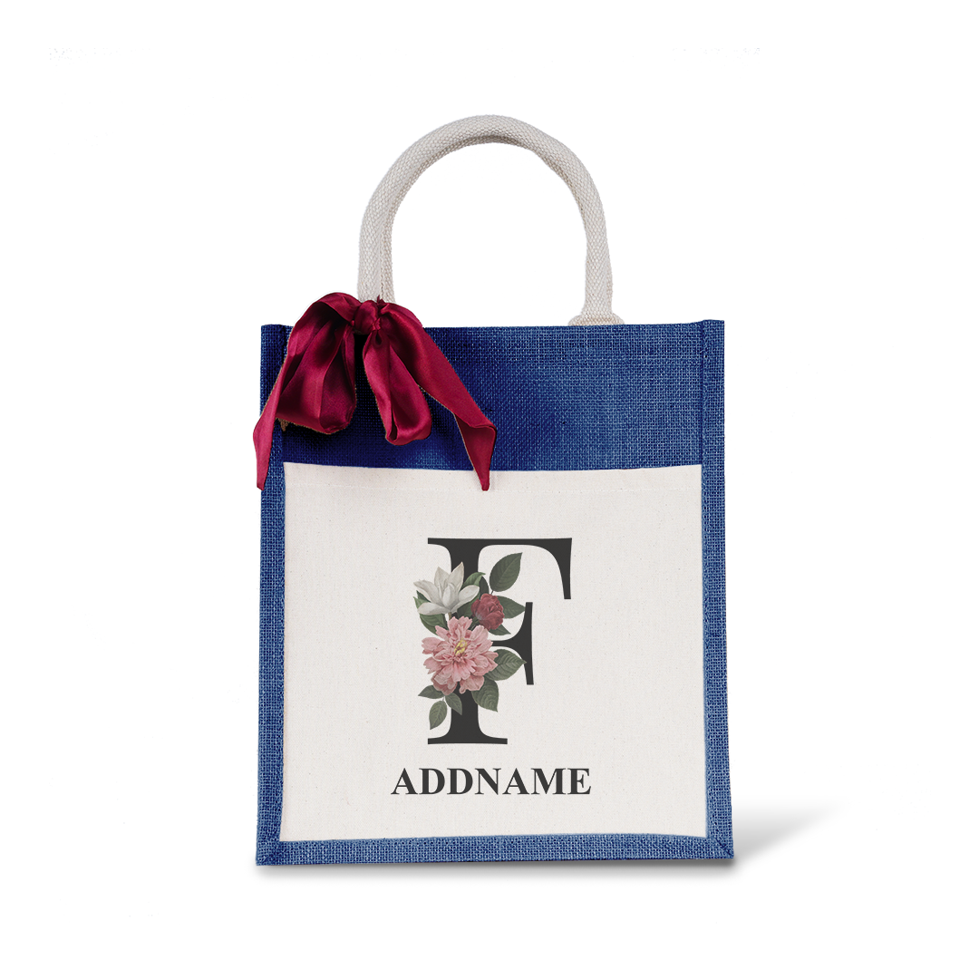 Myra Floral Series Navy Colourful Jute Bag With Front Pocket