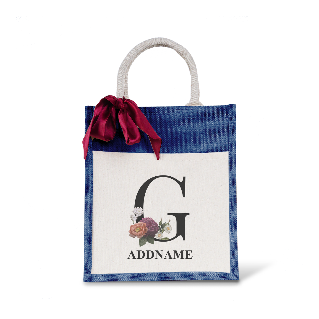 Myra Floral Series Navy Colourful Jute Bag With Front Pocket