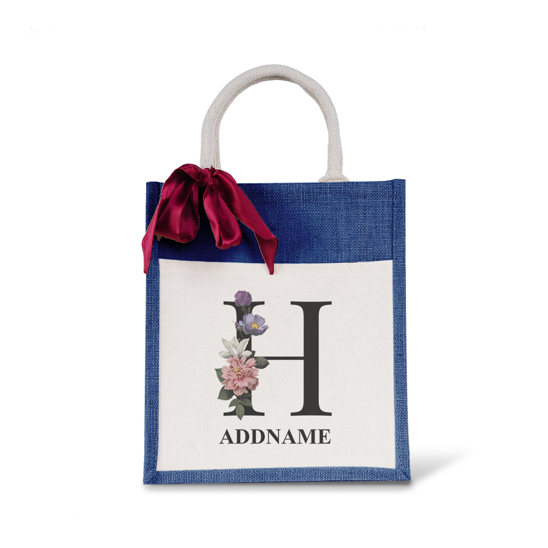 Myra Floral Series Navy Colourful Jute Bag With Front Pocket