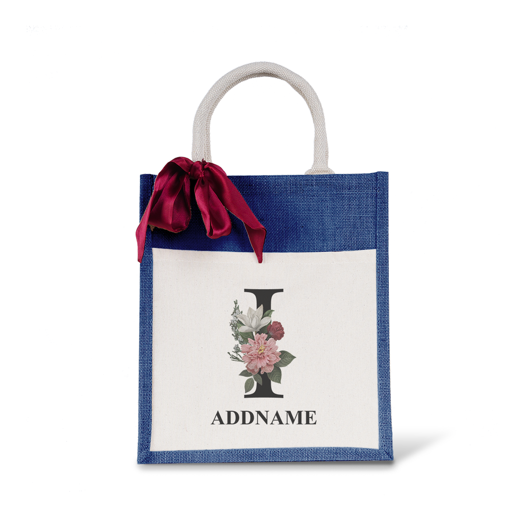 Myra Floral Series Navy Colourful Jute Bag With Front Pocket