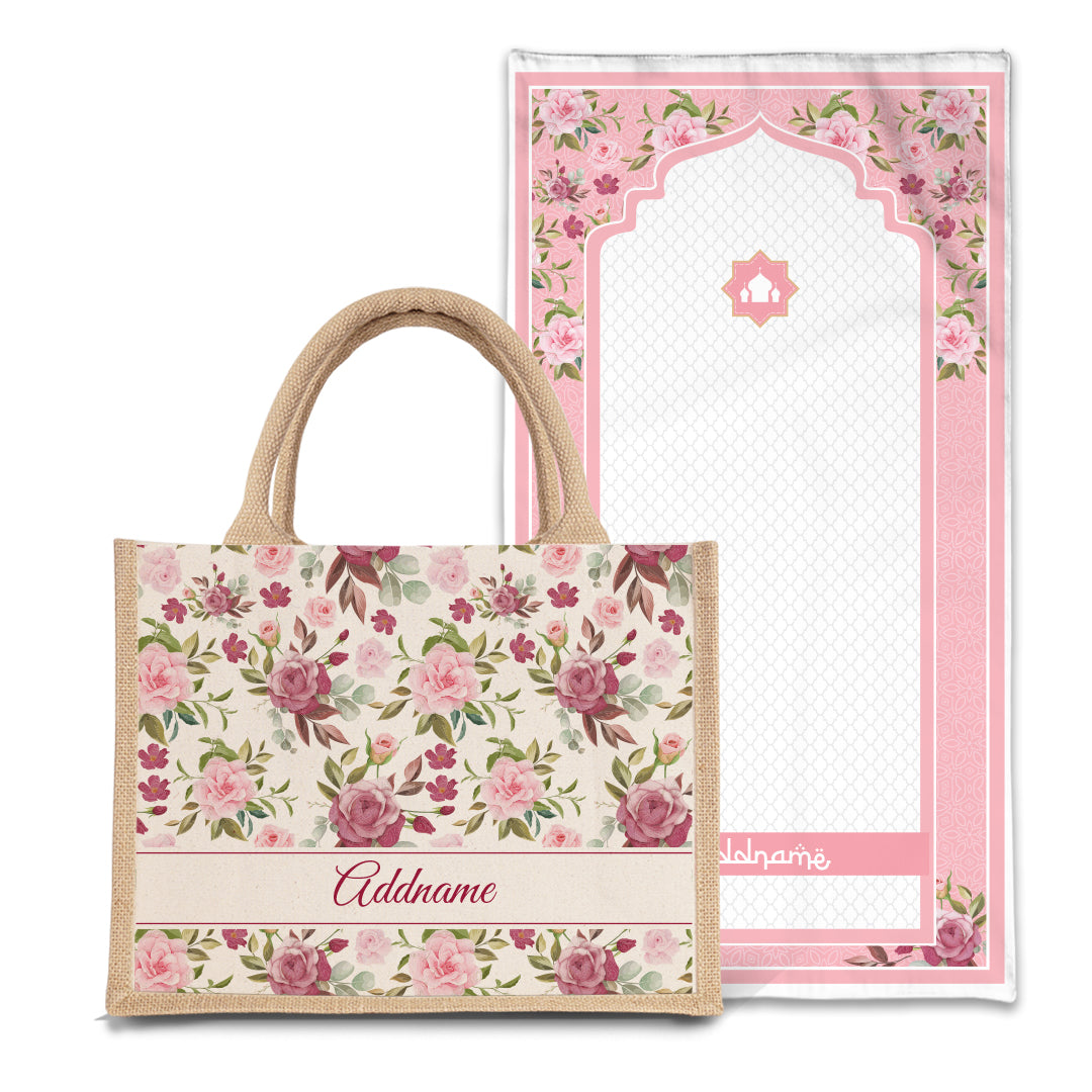Ruby  Sejadah Prayer Mat with Half Lining Small Jute Bag Bundle