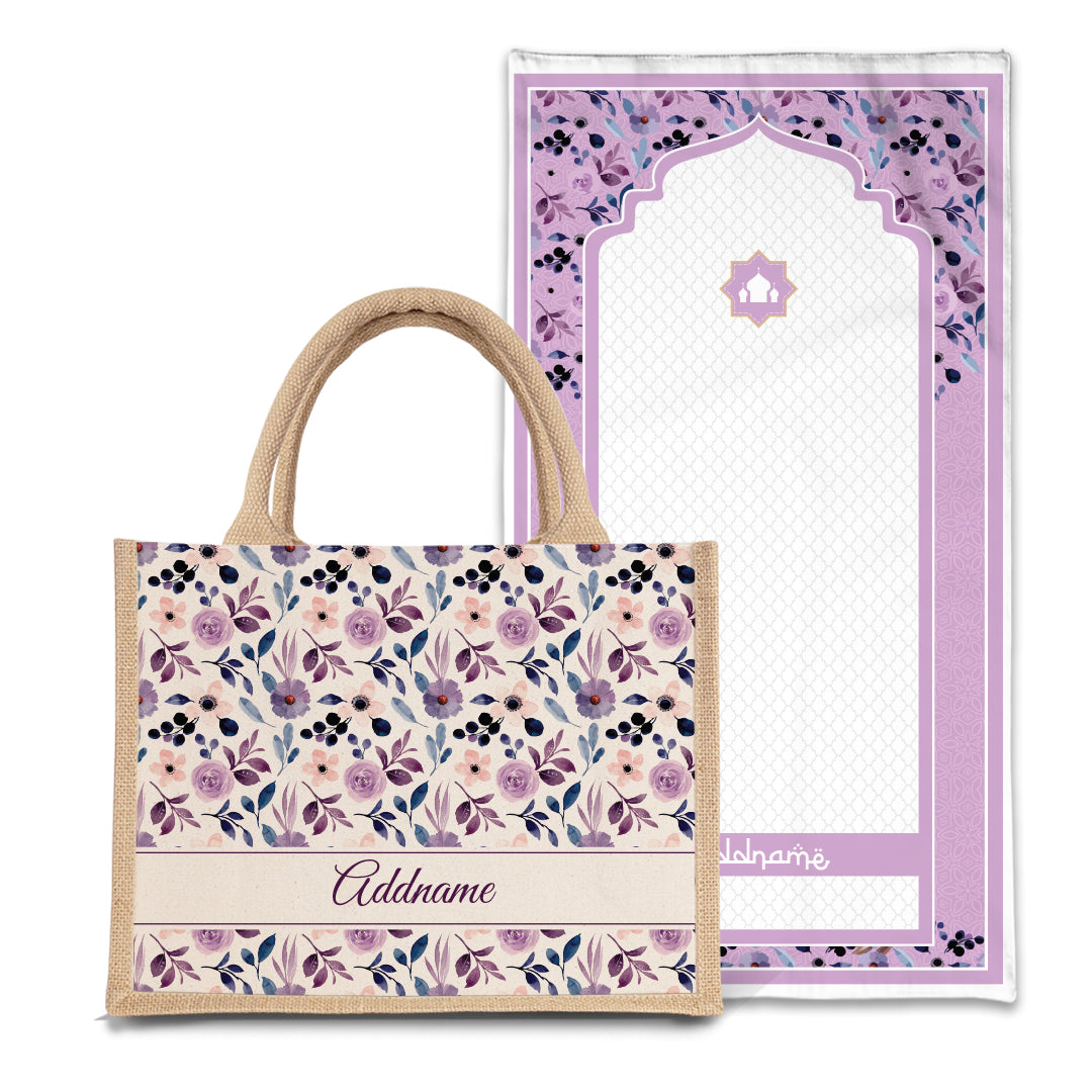 Violet  Sejadah Prayer Mat with Half Lining Small Jute Bag Bundle