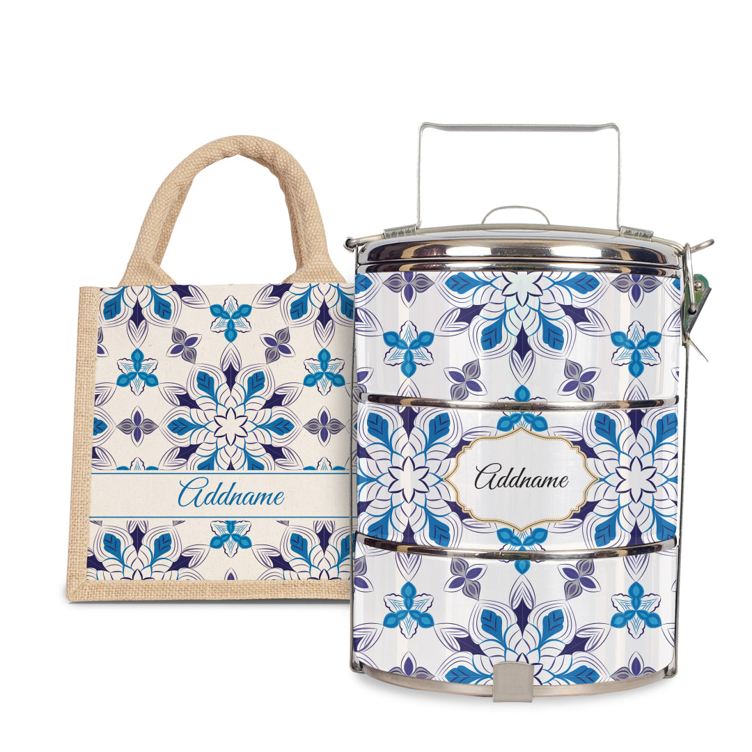 Moroccan Series - Arabesque Frost - Lunch Tote Bag with Three-Tier Tiffin Carrier