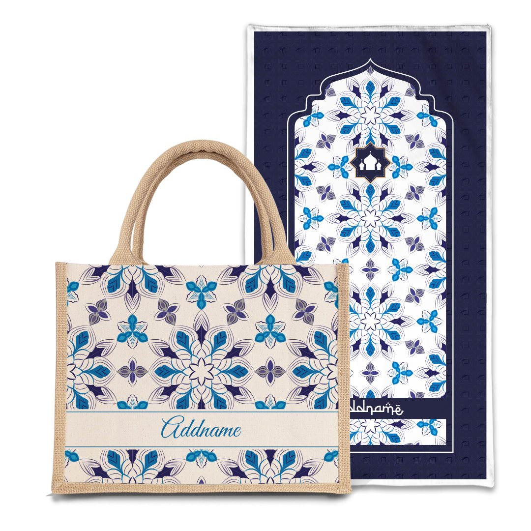 Arabesque Frost  Sejadah Prayer Mat with Half Lining Small Jute Bag Bundle