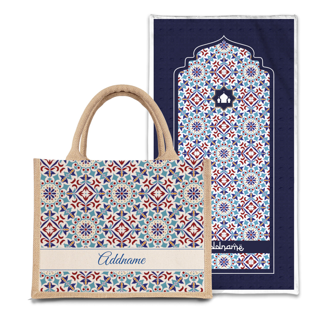 Arabesque Agean Blue  Sejadah Prayer Mat with Half Lining Small Jute Bag Bundle