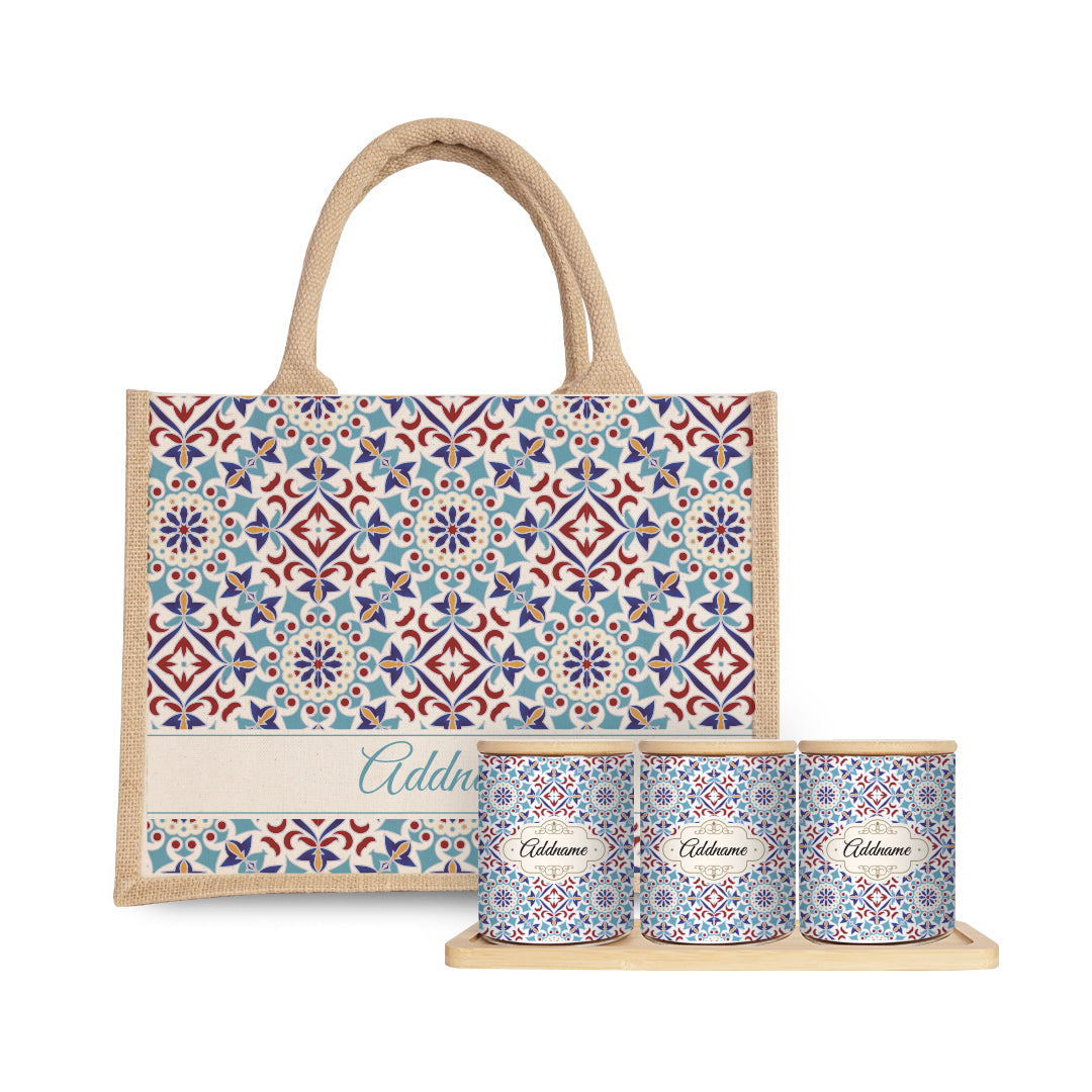 Arabesque Agean Blue Canister with Half Lining Small Jute Bag