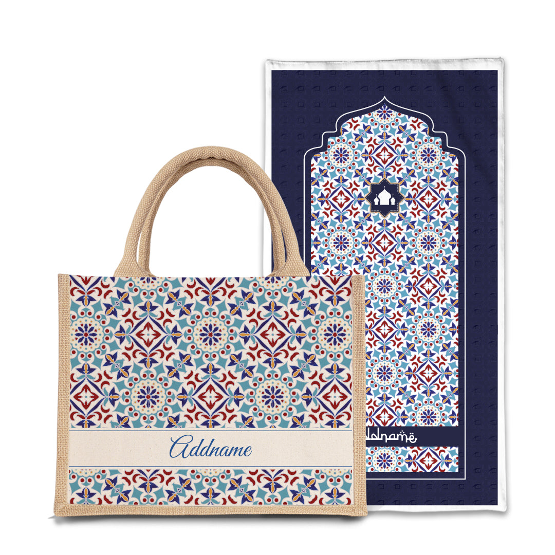 Arabesque Agean Blue  Sejadah Prayer Mat with Half Lining Small Jute Bag Bundle