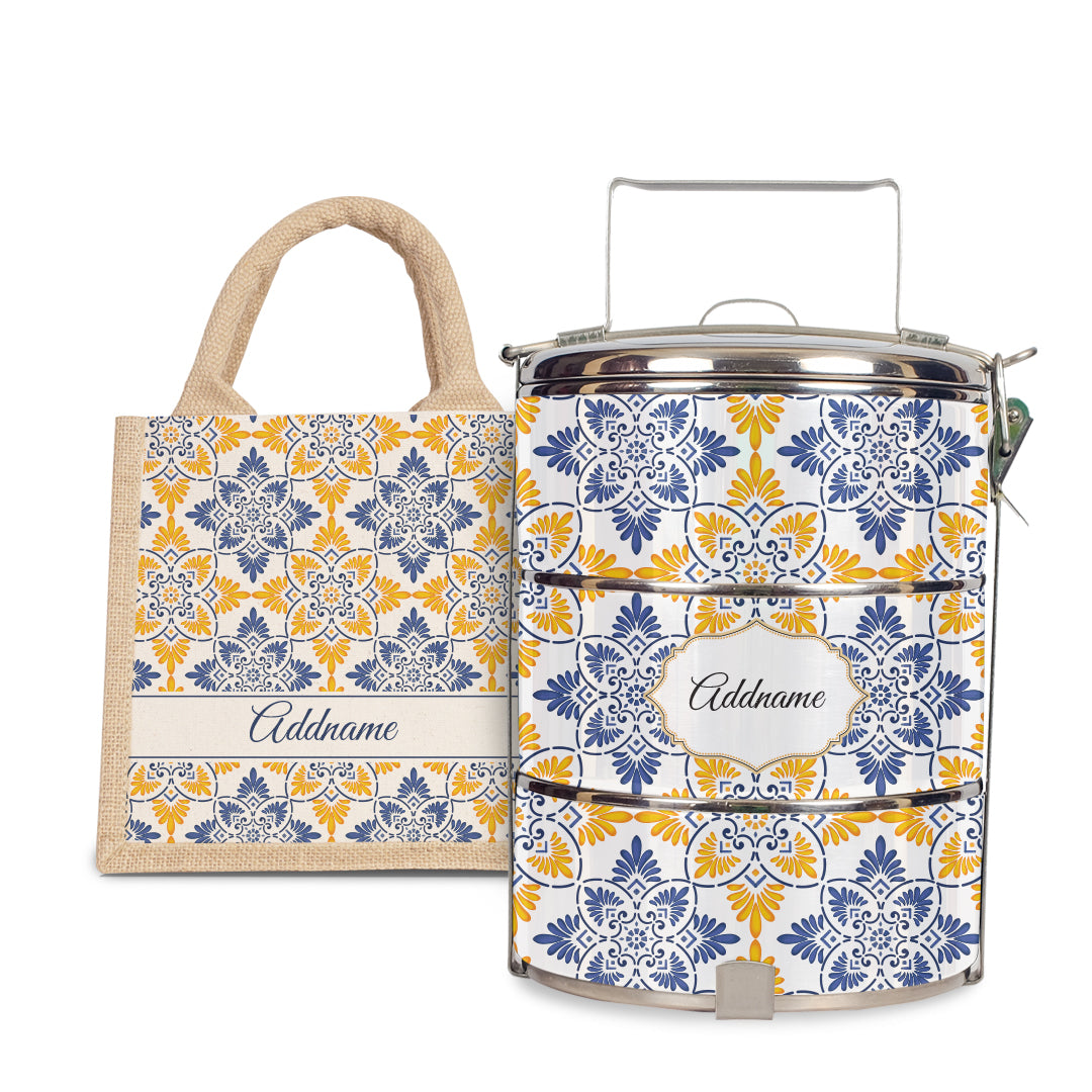 Moroccan Series - Arabesque Butter Blue  - Lunch Tote Bag with Three-Tier Tiffin Carrier