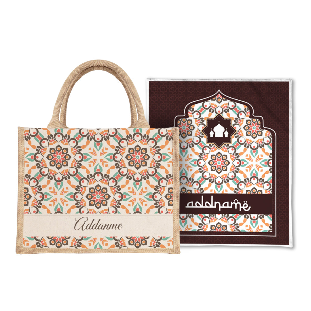 Arabesque Geo Brown  Sejadah Prayer Mat with Half Lining Small Jute Bag Bundle