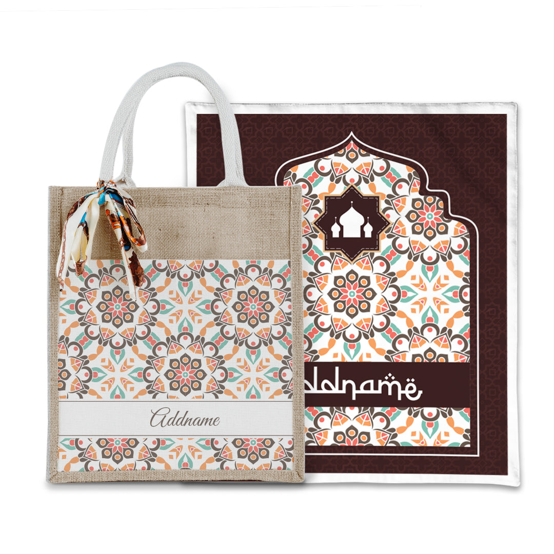 Arabesque Geo Brown Sejadah with Matching Colourful Jute Bag