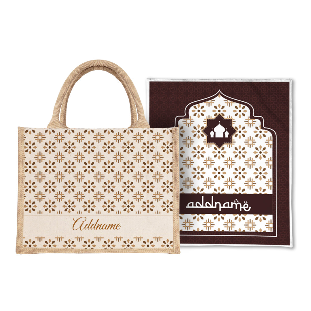 Arabesque Tawny Brown  Sejadah Prayer Mat with Half Lining Small Jute Bag Bundle