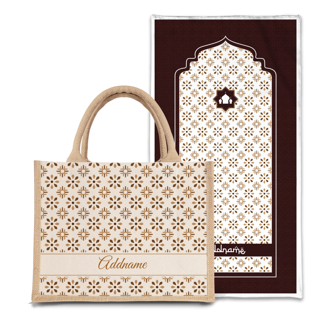 Arabesque Tawny Brown  Sejadah Prayer Mat with Half Lining Small Jute Bag Bundle