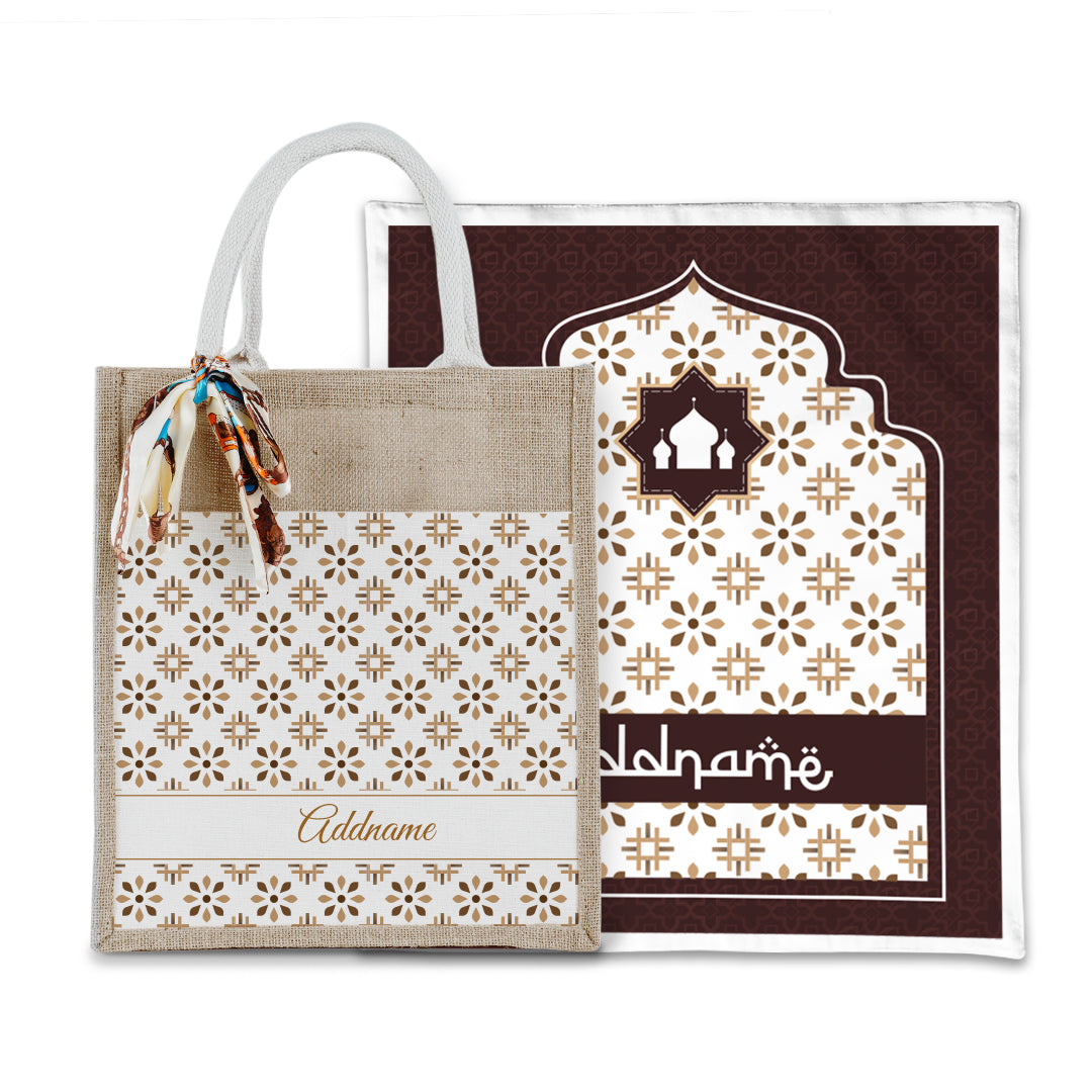 Arabesque Tawny Brown Sejadah with Matching Colourful Jute Bag