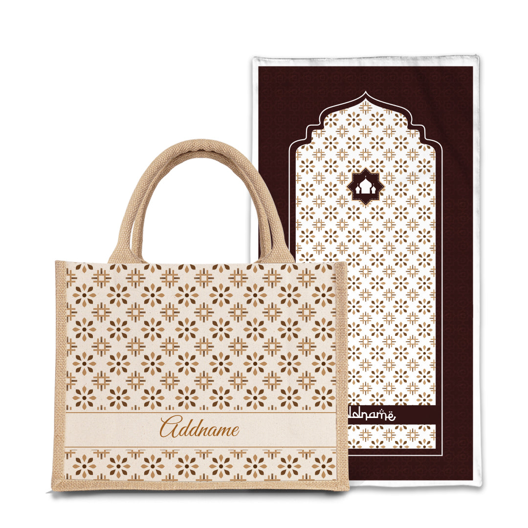 Arabesque Tawny Brown  Sejadah Prayer Mat with Half Lining Small Jute Bag Bundle