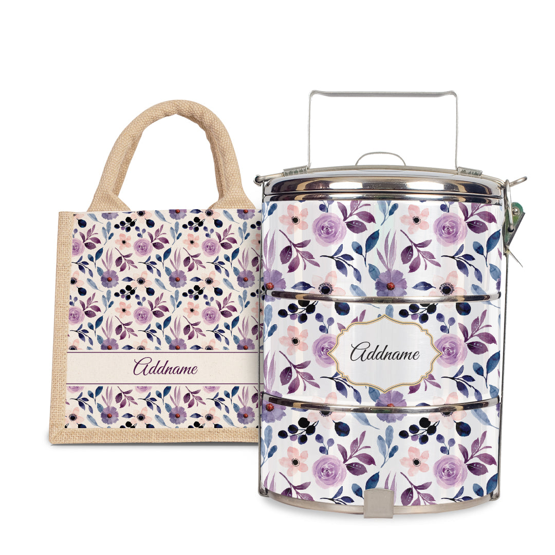 Laura Series - Violet - Lunch Tote Bag with Three-Tier Tiffin Carrier