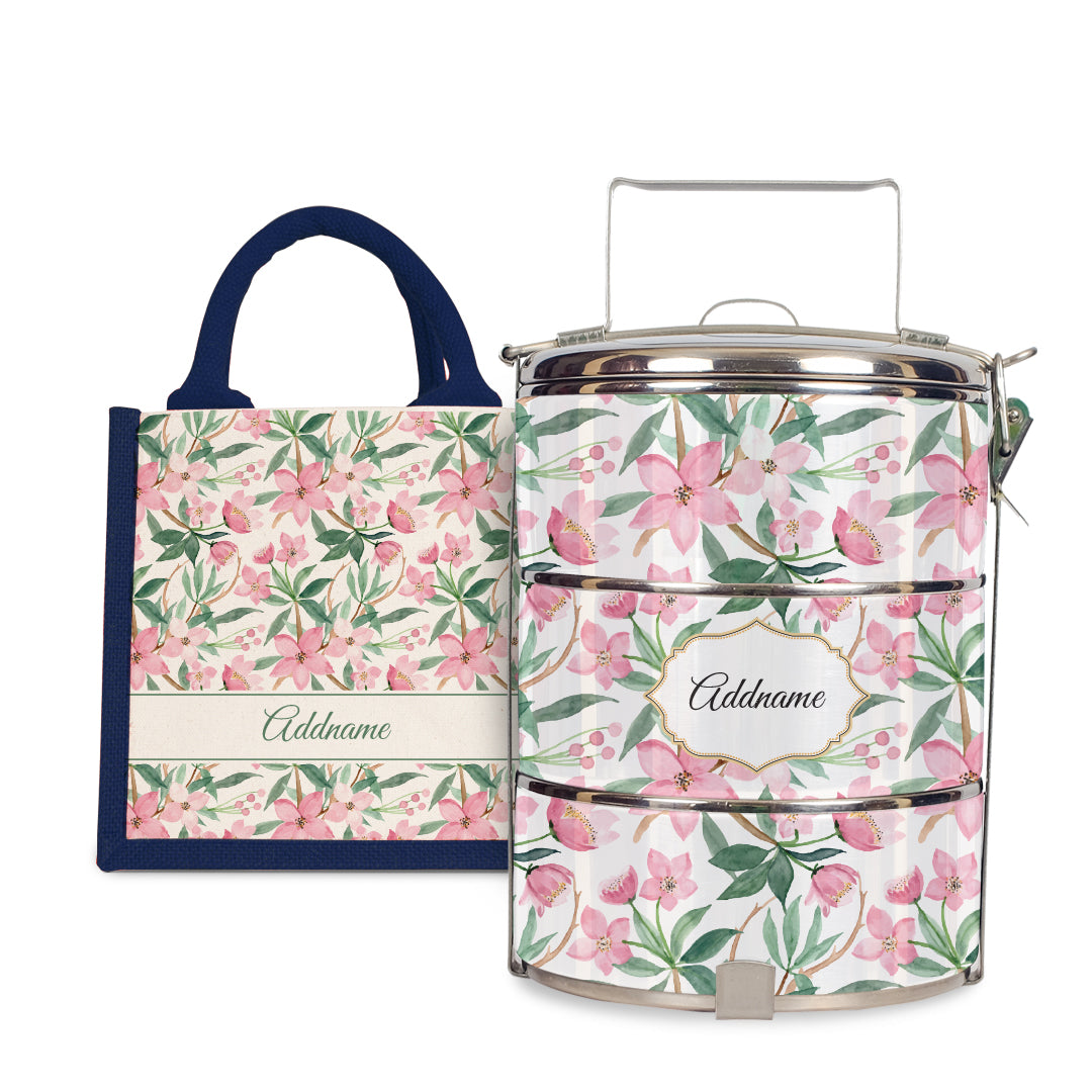 Laura Series - Blossom  - Lunch Tote Bag with Three-Tier Tiffin Carrier