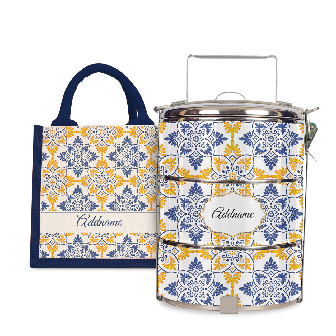 Moroccan Series - Arabesque Butter Blue  - Lunch Tote Bag with Three-Tier Tiffin Carrier