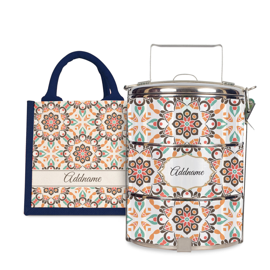 Moroccan Series - Arabesque Geo Brown - Lunch Tote Bag with Three-Tier Tiffin Carrier
