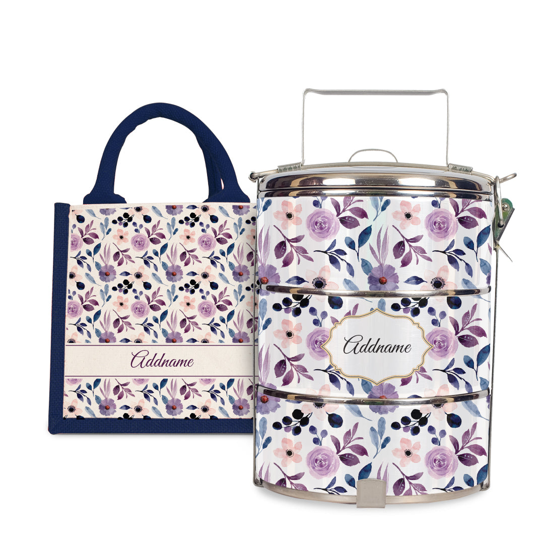 Laura Series - Violet - Lunch Tote Bag with Three-Tier Tiffin Carrier